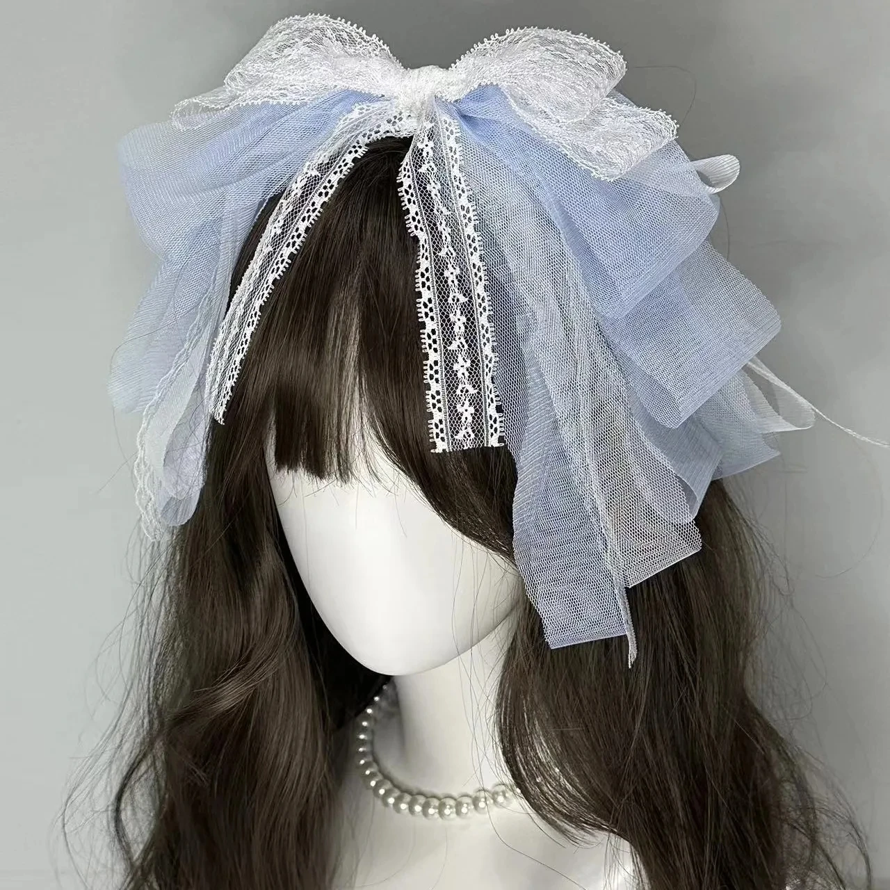 Sweet Lolita Blue Tulle Lace Bow Headband Layered Ruffle Hair Accessory for Women