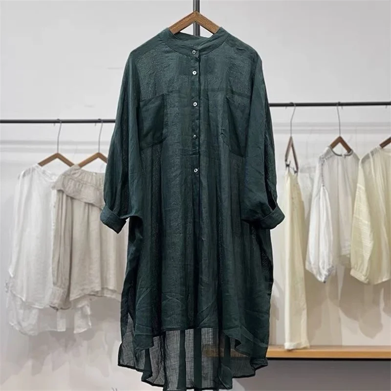 

Sun Protection Thin Linen Shirt Women Vintage Stand Collar Long Blouse Summer See Through Single Breasted Tops