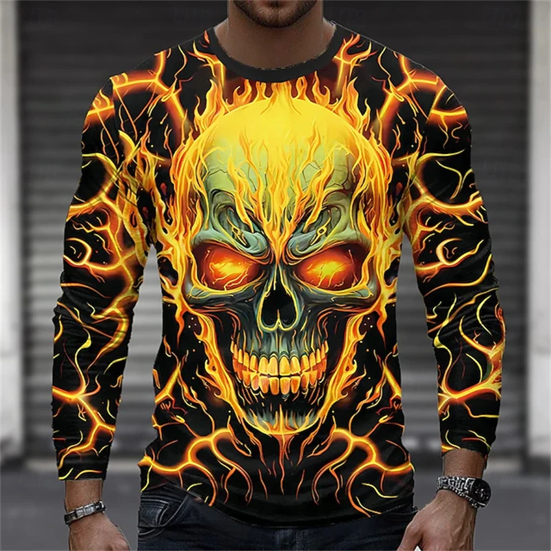Men's Flame Skull Print T-shirt Fashionable Round-neck Oversized T-shirt Autumn Hip-hop Short-sleeved T-shirt Top Men's Clothing