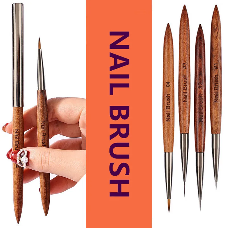1/4PCS Sandalwood Handle Nail Acrylic Brush UV Gel Carving Pen Brush Liquid Powder DIY Nail Drawing Nail Art Bruses