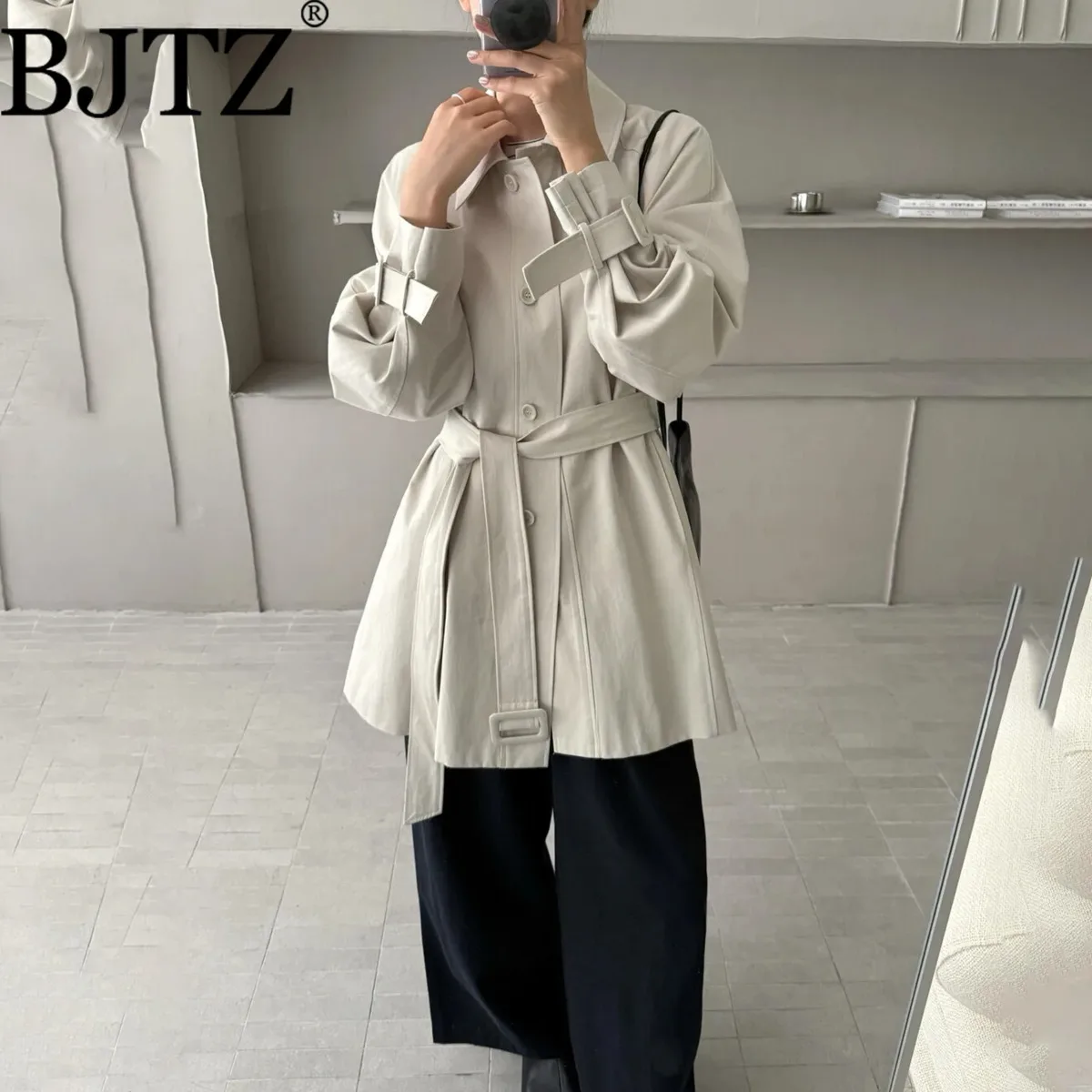

BJTZ Office Lady Lapel Trench Jacket For Woman 2025 Spring Autumn New Loose Fashion Belt Tie-waist Female Versatile Windbreaker