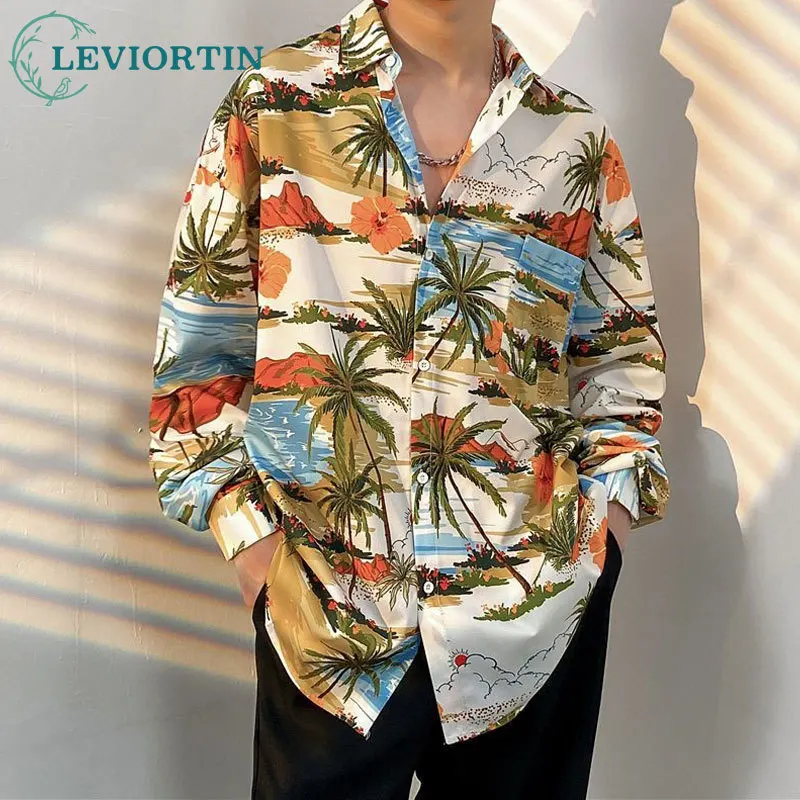 Hawaiian Beach Shirts Harajuku Vintage Versatile Coconut Print Long Sleeve Aloha Party Holiday Shirt Men Casual Button Down Tops