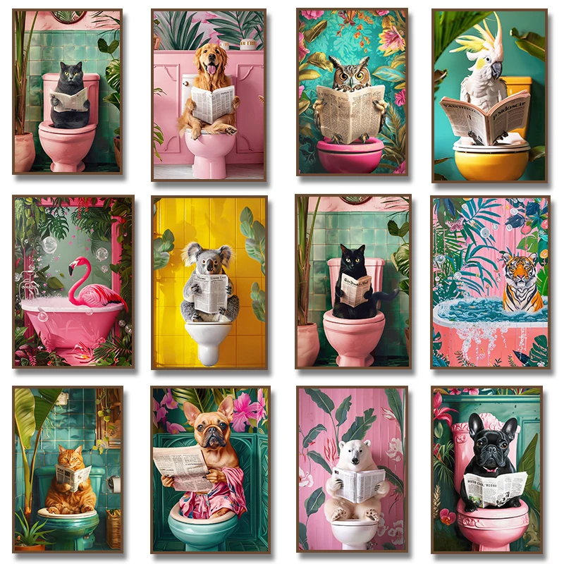 Funny Toilet Animals Black Cat Dog Flamingo Bear Tiger Reading Newspaper Poster Canvas Painting Wall Art Pictures Bathroom Decor