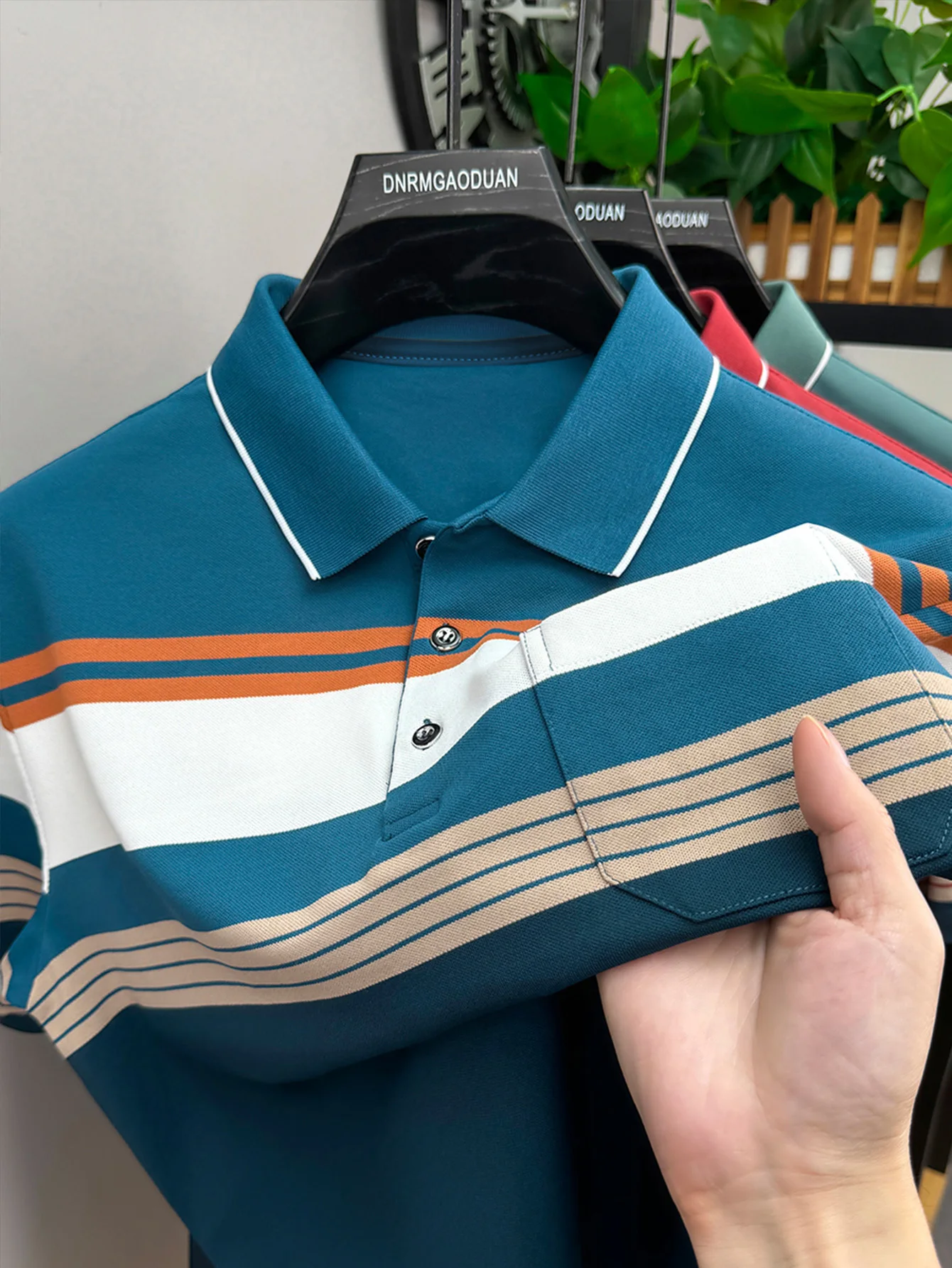 Men's Polo Shirt for Summer Sports and Leisure, Golf Short-Sleeve, Yarn-Dyed Positioning Stripe Design, with Pocket Design