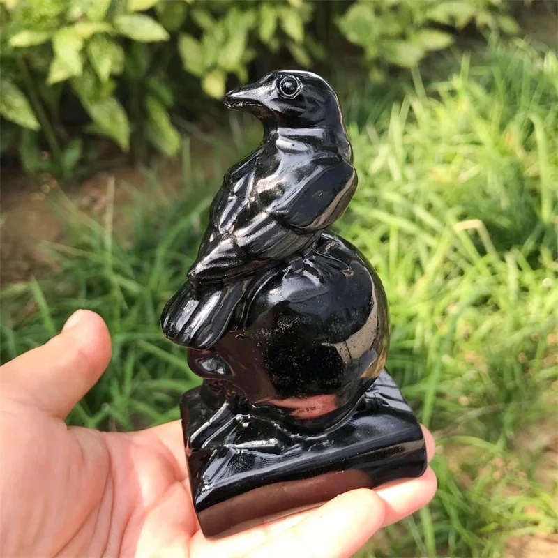 

10.5CM Natural Black Obsidian Crow Skull Carving Wicca Decor Carved Raven Figurine Healing Quartz Halloween Gift 1pcs