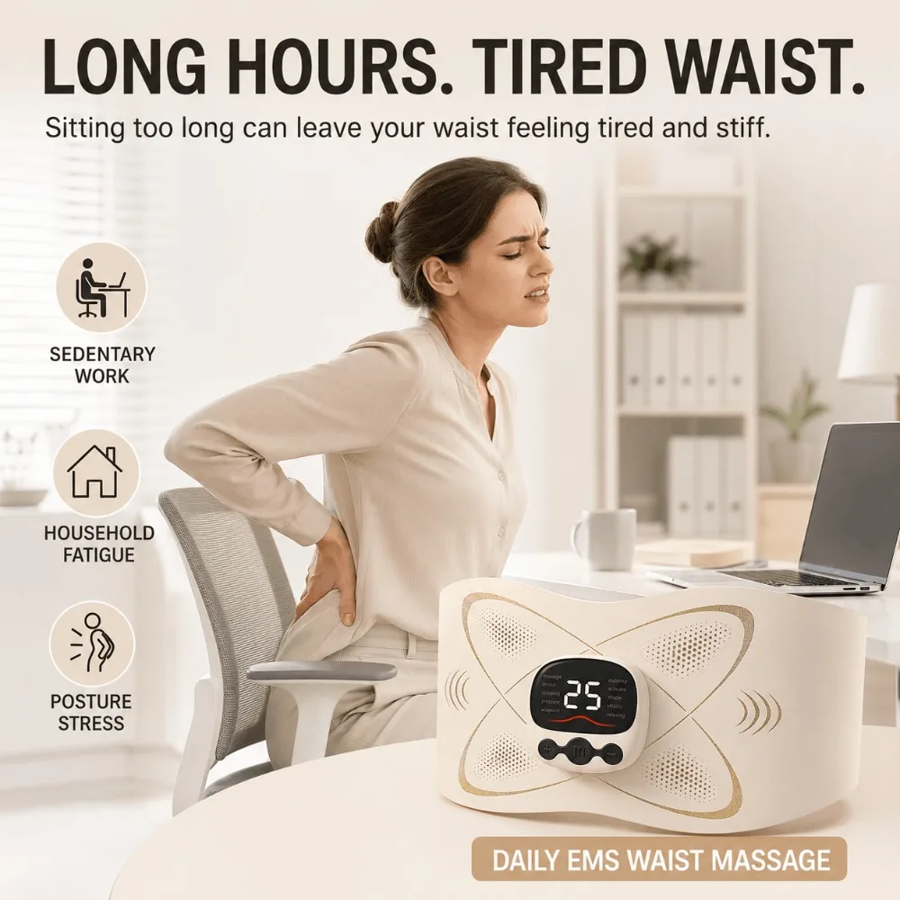 EMS Waist Massage Belt,Micro Current Pulse Massager,10 Modes,25 Levels,Hot Compress,6 Electrodes,Type-C Rechargeable Relax Use