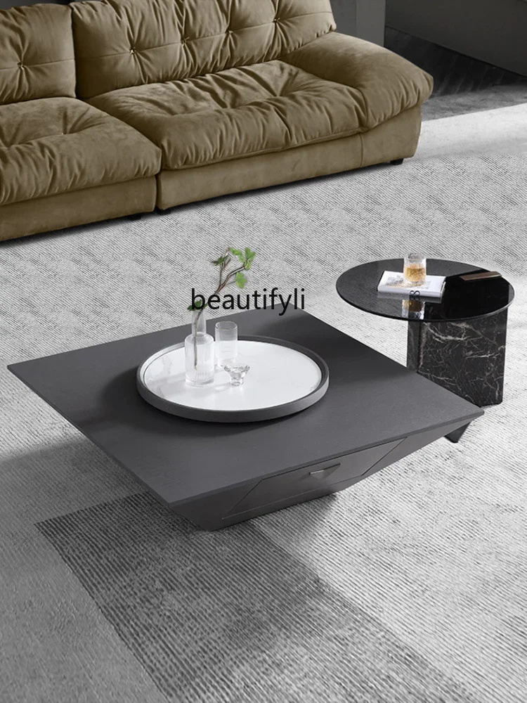 Italian Coffee Table Square Belt Turntable Tempered Glass Suspension Inverted Triangle Art Tea Table