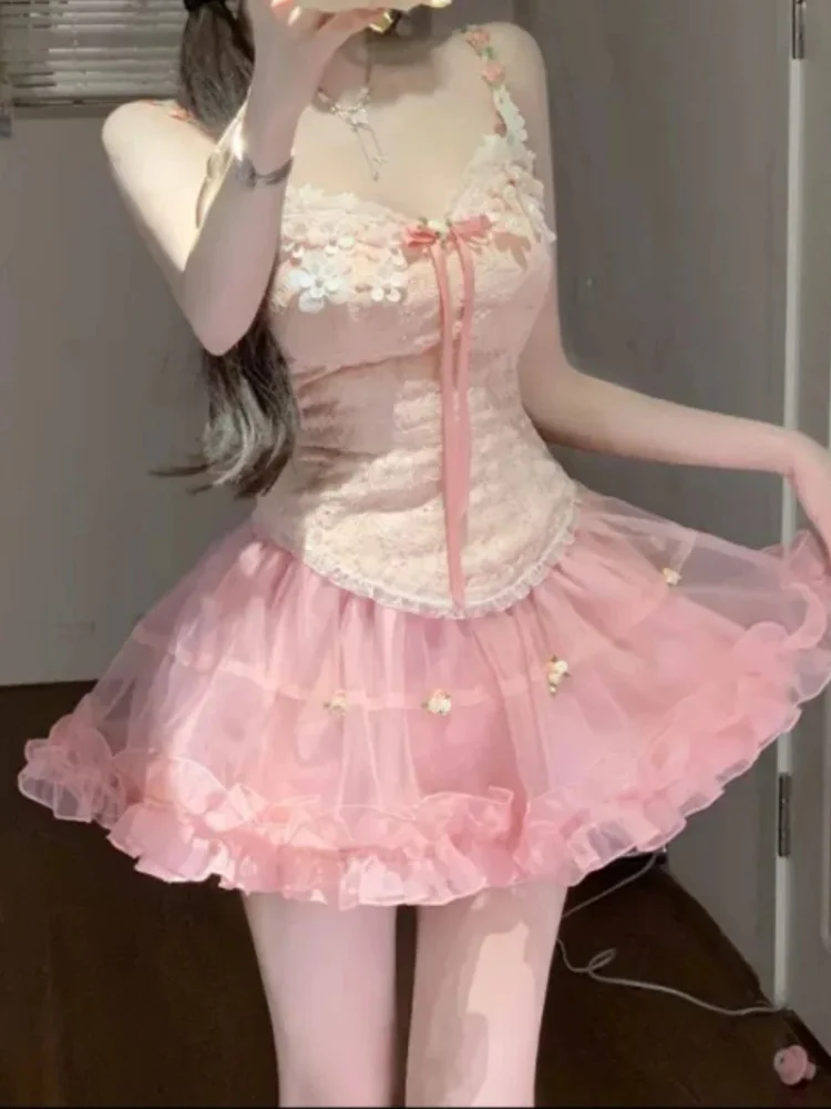 2025 sommer Retro Süße 2-teiliges Set Frauen Y2k Bogen Blume Camislo + Elastische Mini Rock Weiblichen Koreanischen Design elegante Chic Outfits