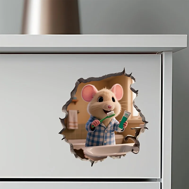 Little Mouse Brushing His Teeth Creative Wall Sticker Waterproof Stickers,For Bedrooms, Entrances, Living Rooms, Bathrooms S103