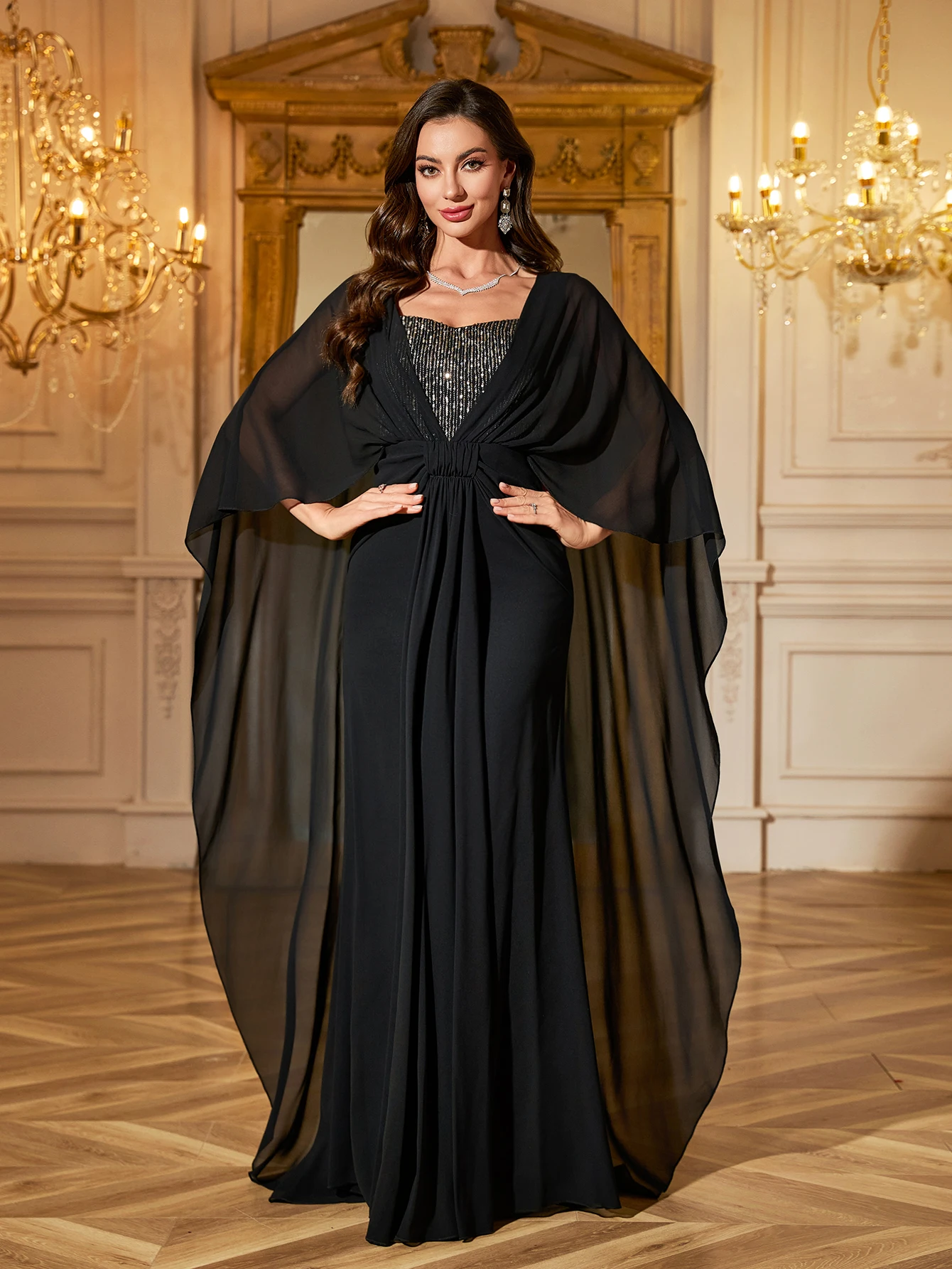 UNITHORSE Black Sequin Choker Neck Batwing Sleeve Evening Dress for Women Sexy Flared Hem Satin Prom Gown for Women