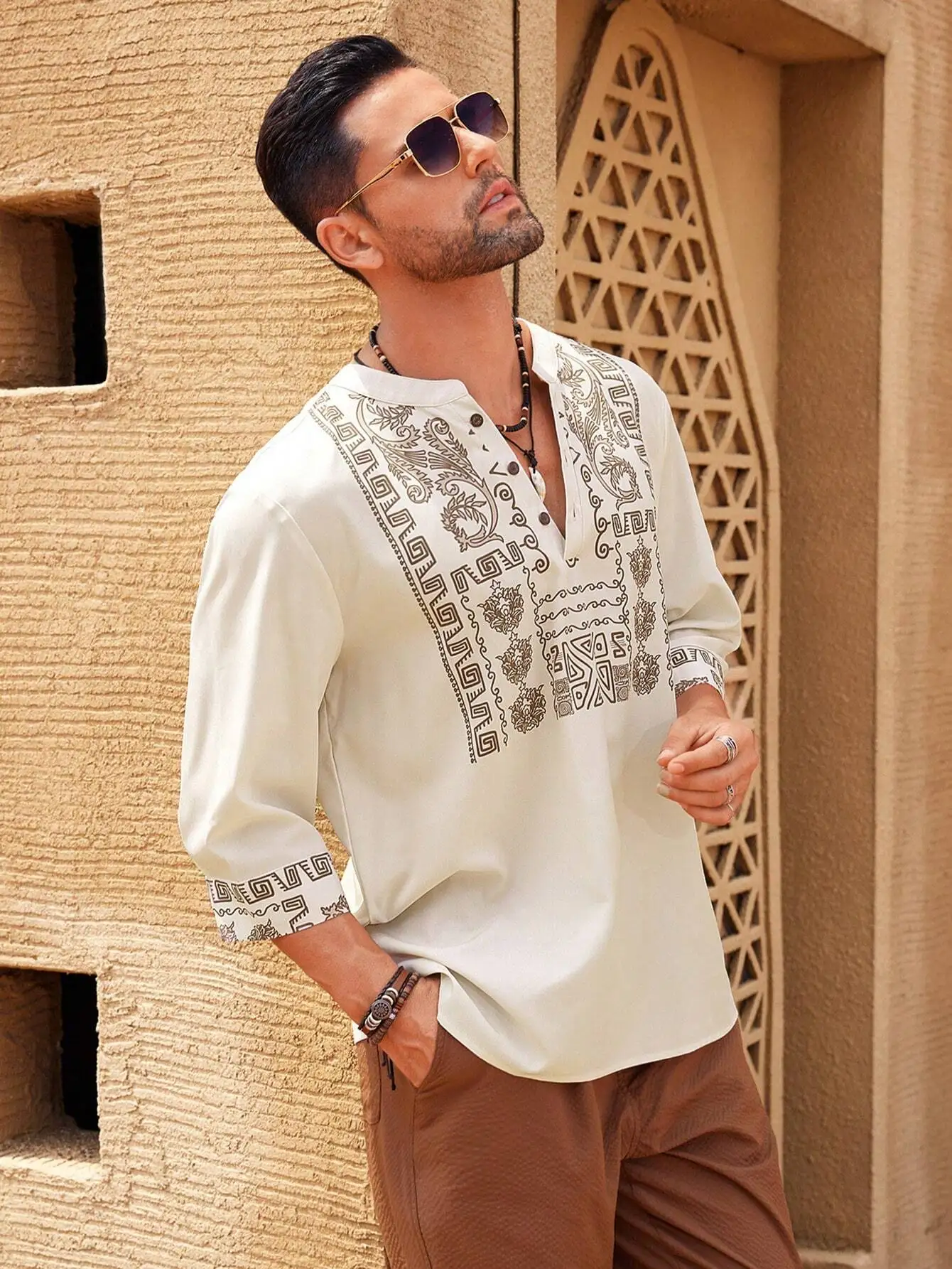 

Men's Off-White Ethnic Print V-Neck Button-Up Shirt, Mid-Length Sleeve, Casual Fall Wear