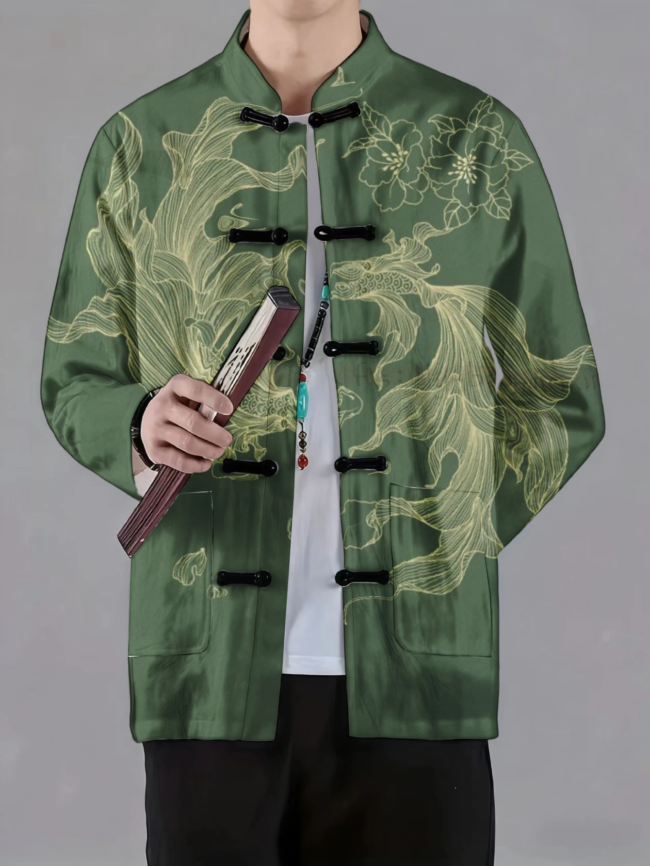 Mens Vintage Tang Suit Coat Mandarin Collar Frog Button Gold Koi Fish Floral Print Long Sleeve Casual Outer Jacket