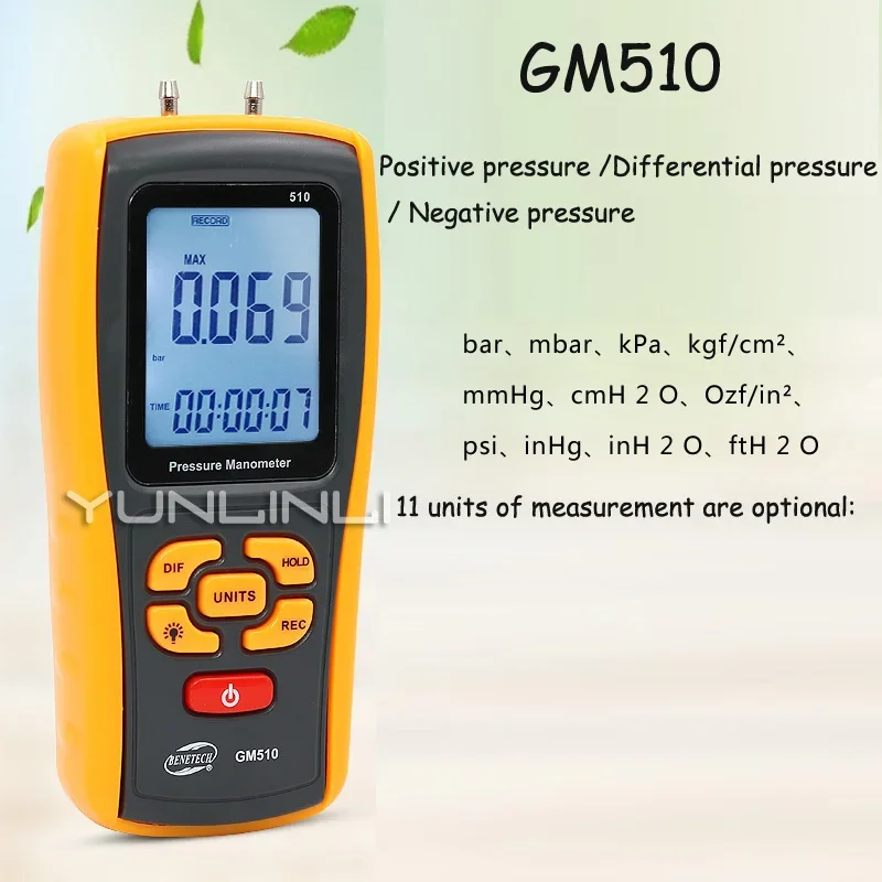 

Digital Differential Pressure Gauge Digital Blower Air Conditioning System Filter Resistance Gas Pressure Detector GM510