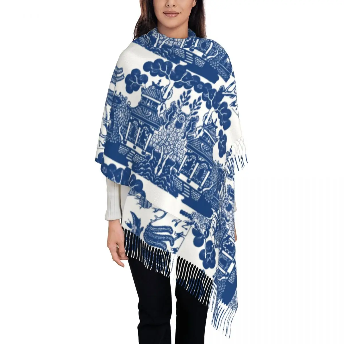 

Customized Printed Blue Willow Chinoiserie Blue And White Porcelain Inspiration Scarf Men Women Winter Warm Scarves Shawl Wrap