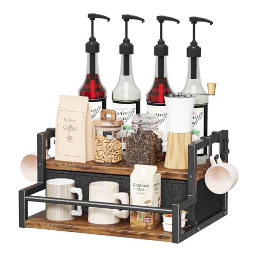 

Органайзер для кофейных сиропов, 2-уровневая подставка для аксессуаров кофейной станции, держатель для бутылок с выдвижным ящиком для K-Cup, для кофейной станции и винного стеллажа