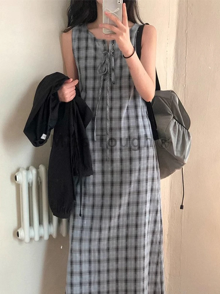 Korea Chic Summer Retro One Piece Dress Women Round Neck Cross Lace Up Loose Dresses Japan Sleeveless Casual Plaid Vest Dress