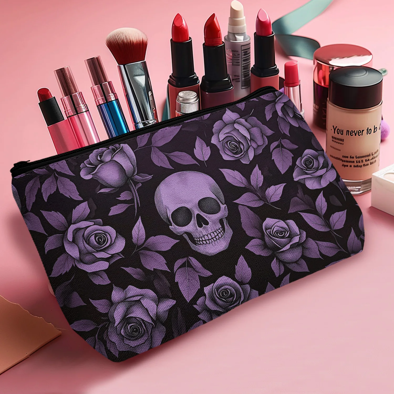 1Pc Gothic 3D Printed Skull And Roses Pattern Cosmetic Bag Makeup Pouch Stylish Toiletry Organizer Festival Gift Idea