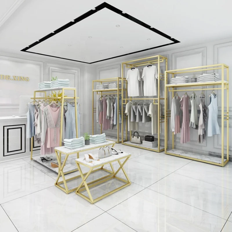 Custom, Retail Cloth Store Boutique Equipment Interior Display Shelf Gold Furniture