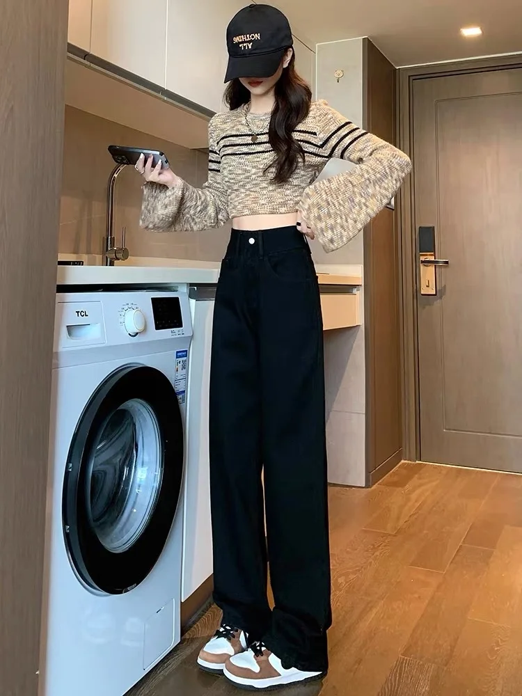 

Широкие джинсы с высокой талией, черные джинсы, женские весенне-осенние 2023, новые свободные прямые брюки маленького размера в пол