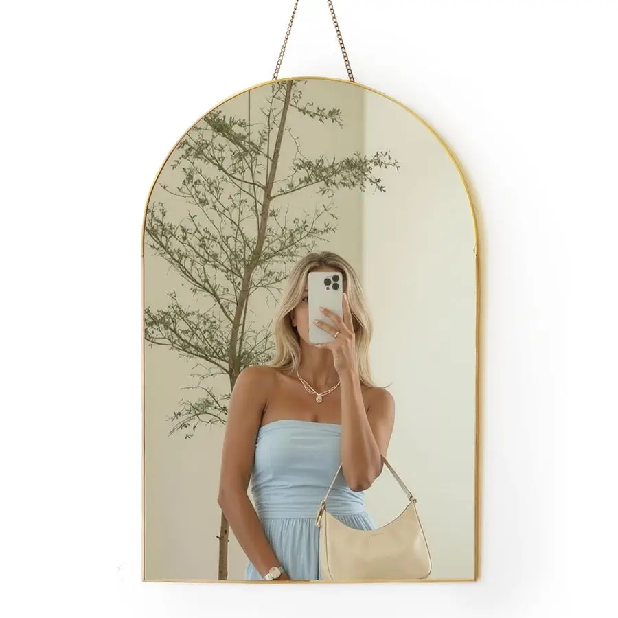 

Gold Arched Wall Mirror 13x19Vintage Hanging Mirror with Chain, Decorative Brass Mirror for Entryway, Bathroom, BedroomampLiving