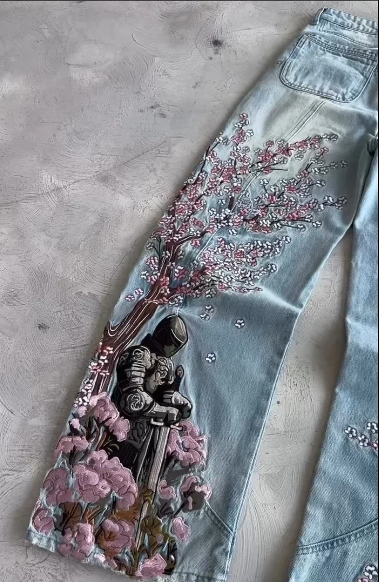 アメリカンレトロ刺繍デニムパンツ 桜柄 Y2K レトロ ルーズ ストリート ストレートジーンズ ハイウエスト ブルー ジーンズ
