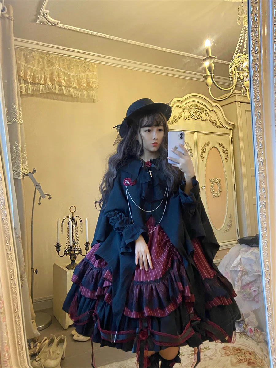 Francese Retro Dark Style Lolita Elegant Girls JSK Cosplay Goth Vampire Witch Halloween Rose Striped Netting Bow abito arruffato