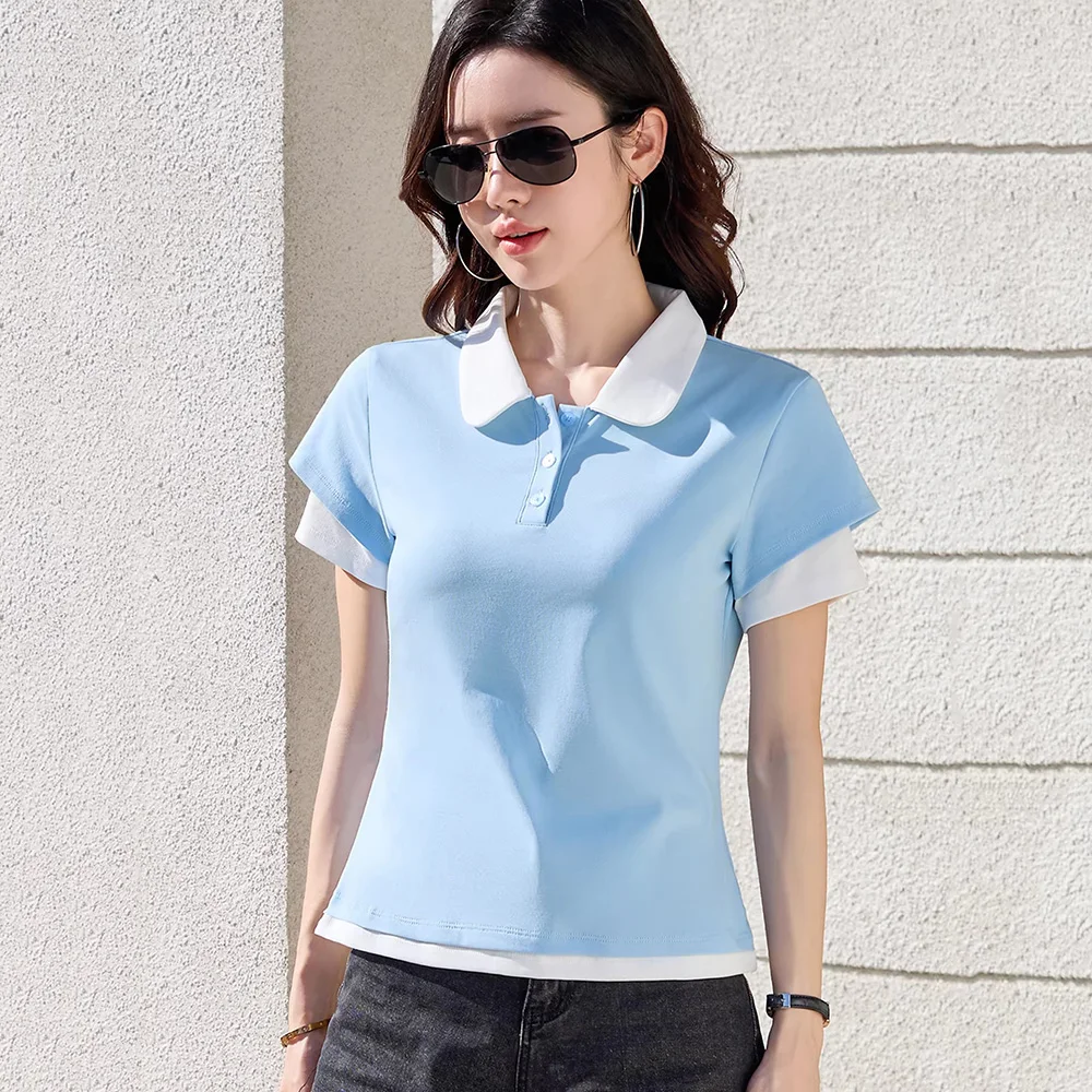 New Women Summer Patchwork Short Sleeve T-shirt Fashion Turn-down Collar Contrast Color Slim T-shirt Casual Pullover T-shirt