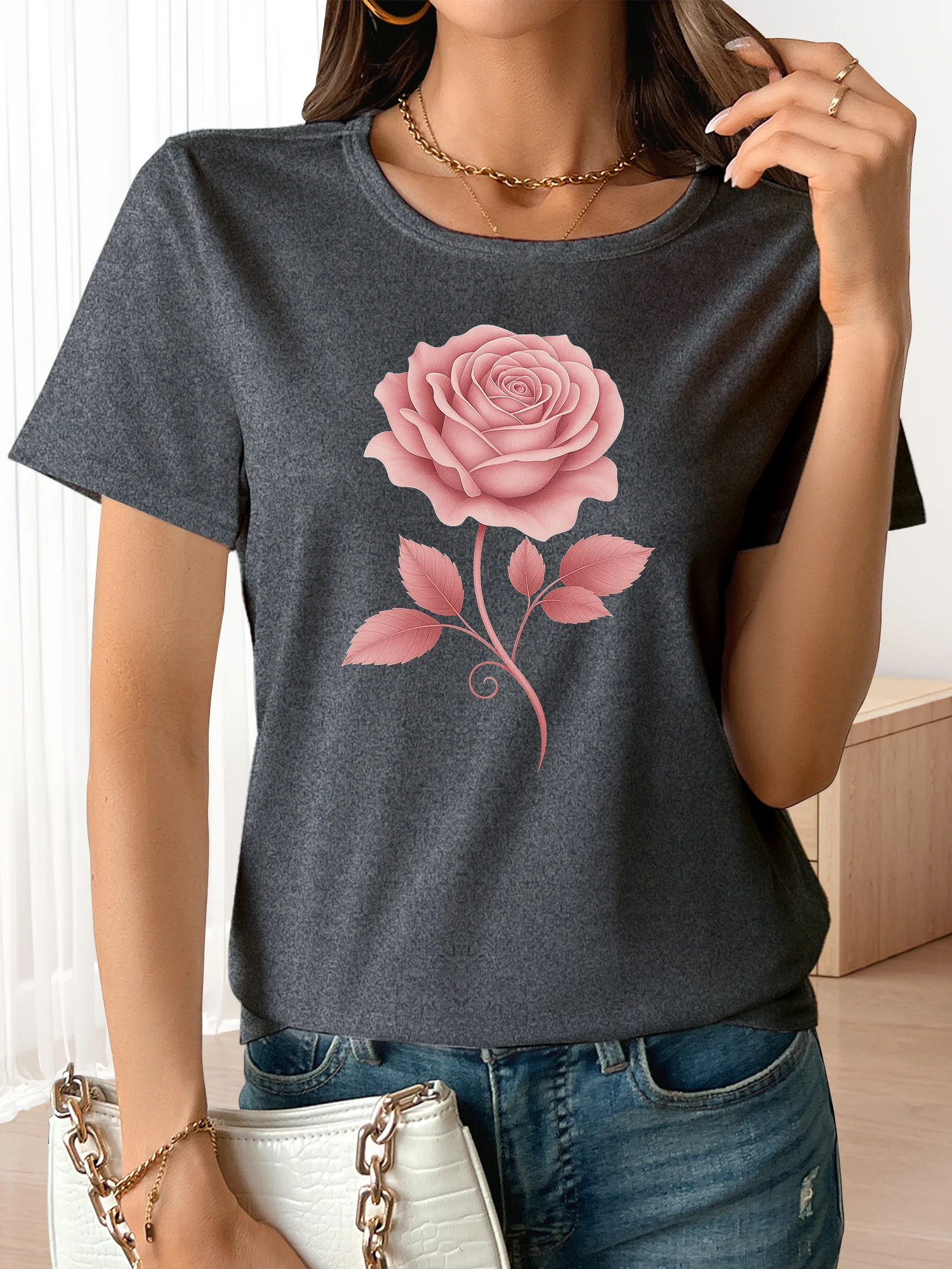 

Pink Flower Printed T-Shirt, Round-Neck Short-Sleeved T-Shirt, Casual Loose Short-Sleeved Top, Casual Short-Sleeved T-Shirt