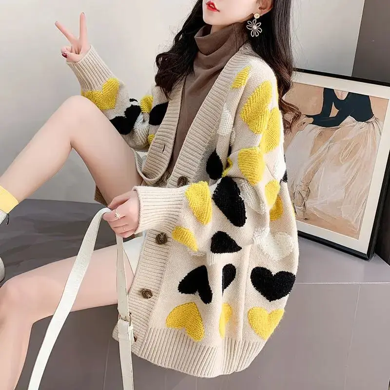 Women's Cardigans V Neck Warm Winter 2024 Graphic Coat Ladies Knit Sweaters Loose Outerwear Korean Streetwear Trending Fashion