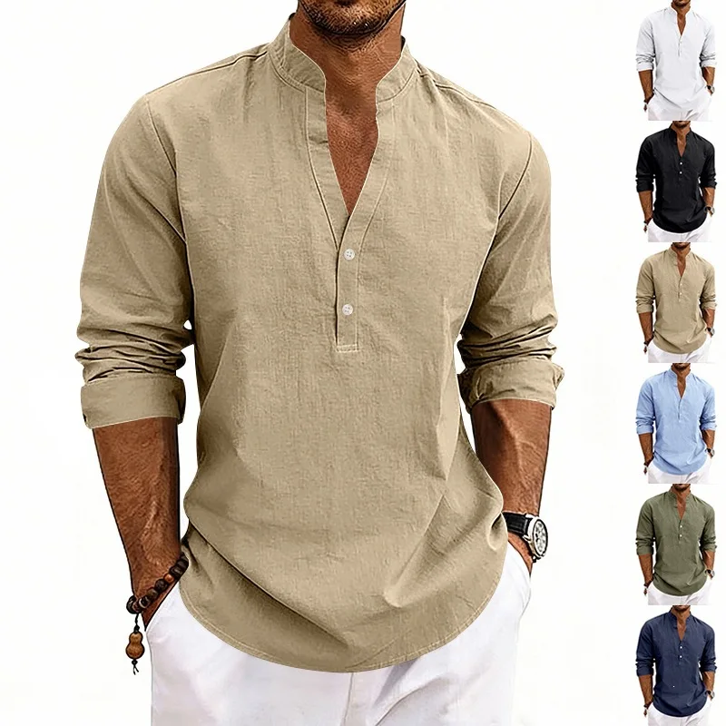 Men Linen Long Sleeve Henley Shirt Stand Collar Roll Up Sleeve Solid Color Casual Beach Vacation Top Summer Shirt