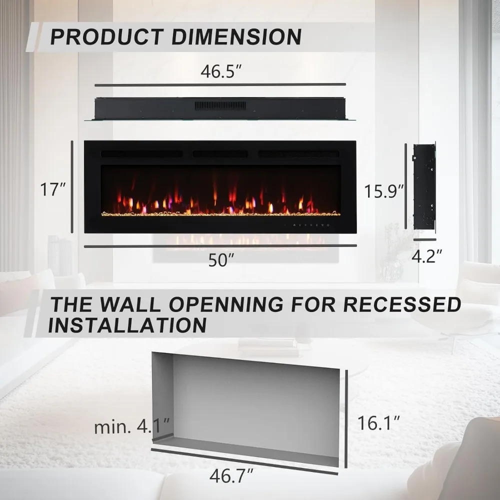 مدفأة كهربائية ذكية مثبتة على الحائط مقاس 50 بوصة من تشانينغ برو، 12 لونًا من اللهب والجمرة، 5 سطوع، سخان 1500 وات،