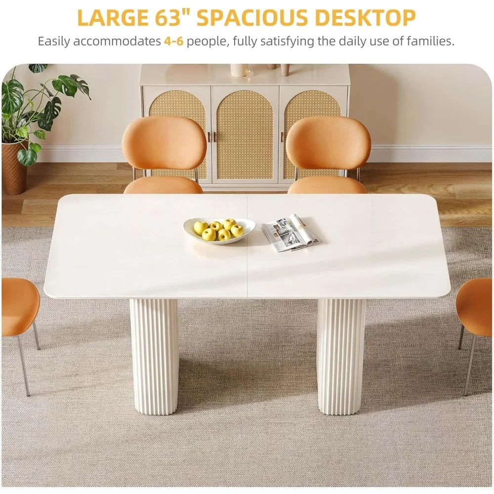 63'' Dining Table for 4-6 People Modern Rectangular Kitchen Table with Solid Wave Curved Legs Large Cream White Dinner Table