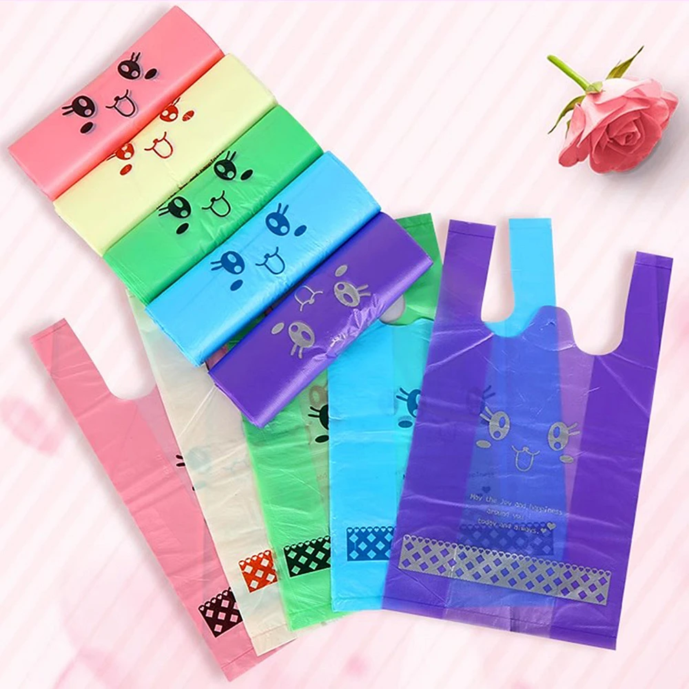 10 Pcs/Pack Five Color Supermarket Shopping Bag Vest Bag Plastic Bags with Handle Snack Boutique Clothing Bag