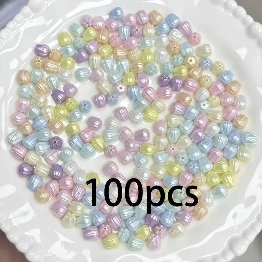 1/5/10/20/50/100pcs s/s Random Mixed Color Golden Yellow Flower-Shaped Acrylic Beads, Tulip Bud Shaped Beads for Jewelry Making,