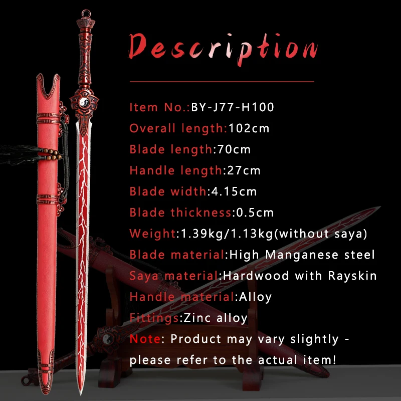 Bagua Taiji Han Sword High Manganese Steel Red Color Traditional Taoist Handmade Forged Sword,Training Practice Cosplay Swords