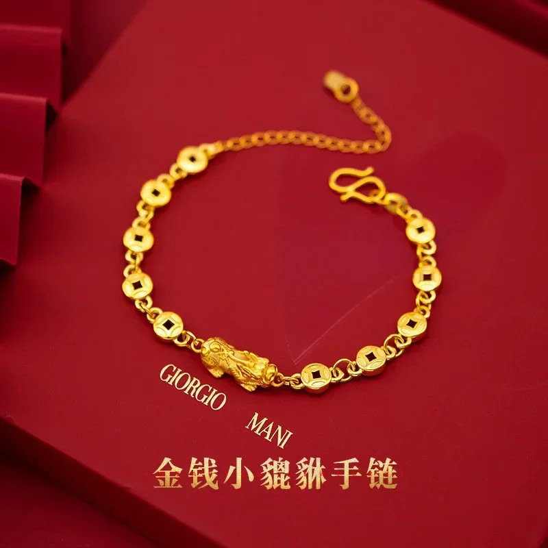 

High Quality 9999 Womens Wrist Chain 24K Real Gold Luxury Retro Bracelet Copper Coin Small Pixiu Niche Popular Fashion Bracelet