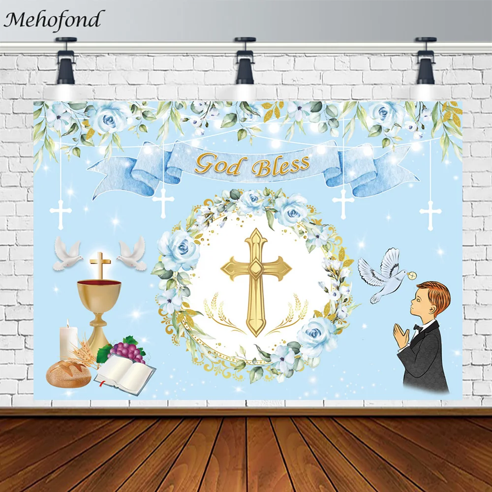 

Mehofond God Bless Backdrop My First Communion Decor Cross Grail Boy Mi Baptism Shower Party Decoration Custom Text Photocall