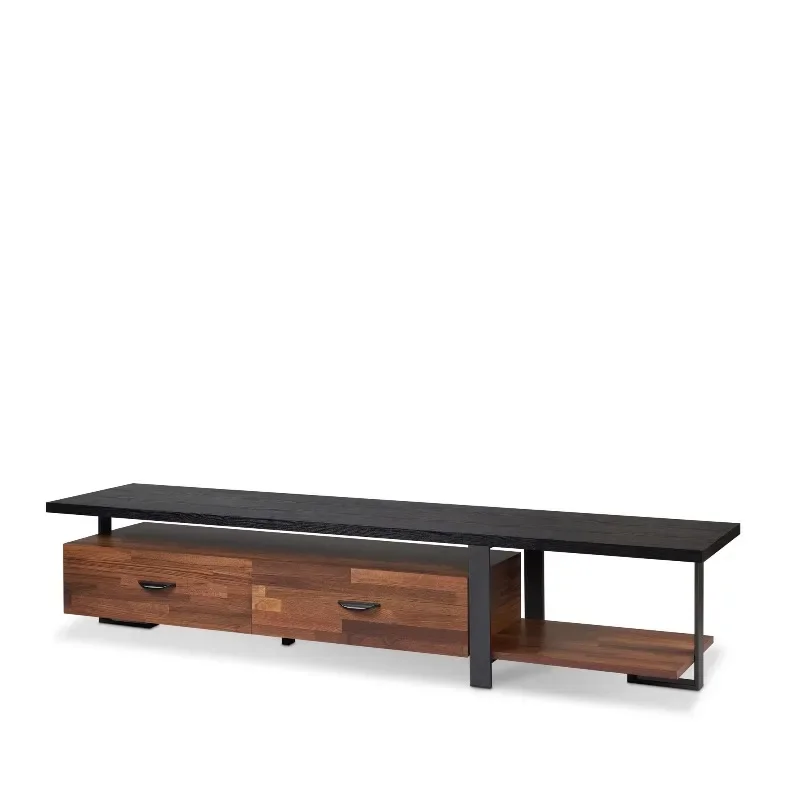 Walnut and black 2-drawer TV stand with 1 shelf, elegant and practical furniture accessories