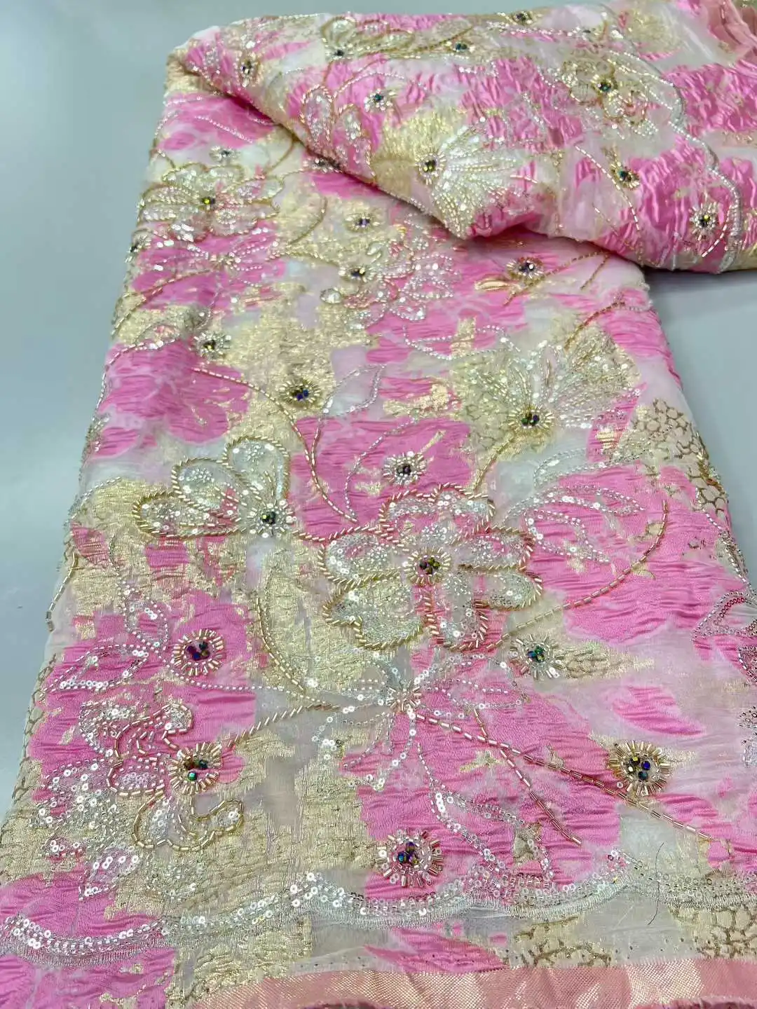 

African Nigerian France Latest Hot Sale Jacquard Lace Fabric With Beads Sequins 2025 High End for Bride Wedding Party Sew Dress