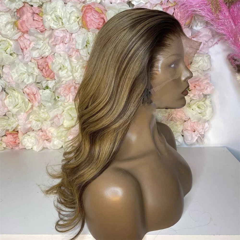 Peluca de encaje frontal para mujer, pelo de bebé, onda corporal Natural, suave, sin pegamento, largo, Marrón degradado, densidad de 180, 26 pulgadas, prearrancado, diario