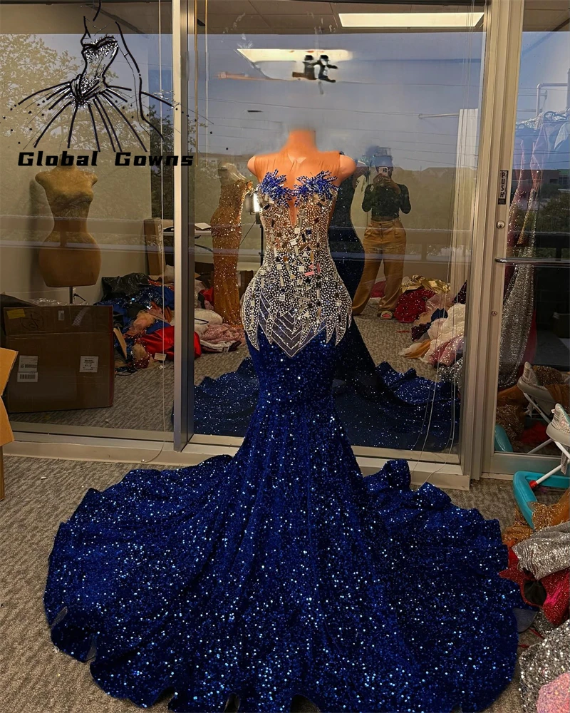 Royal Blue Diamonds Long Prom Dress For Black Girls Beads Crystals Sequins Gown Birthday Party Wedding Reception Customized