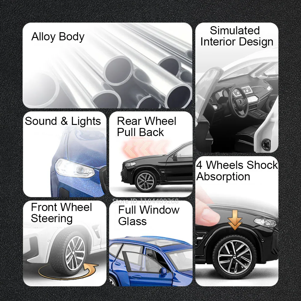 Modèle de voiture de sport jouet X3M 320i, 1:32, son et lumière, portes ouvertes en alliage moulé sous pression, modèles de véhicules miniatures, ornements, cadeaux