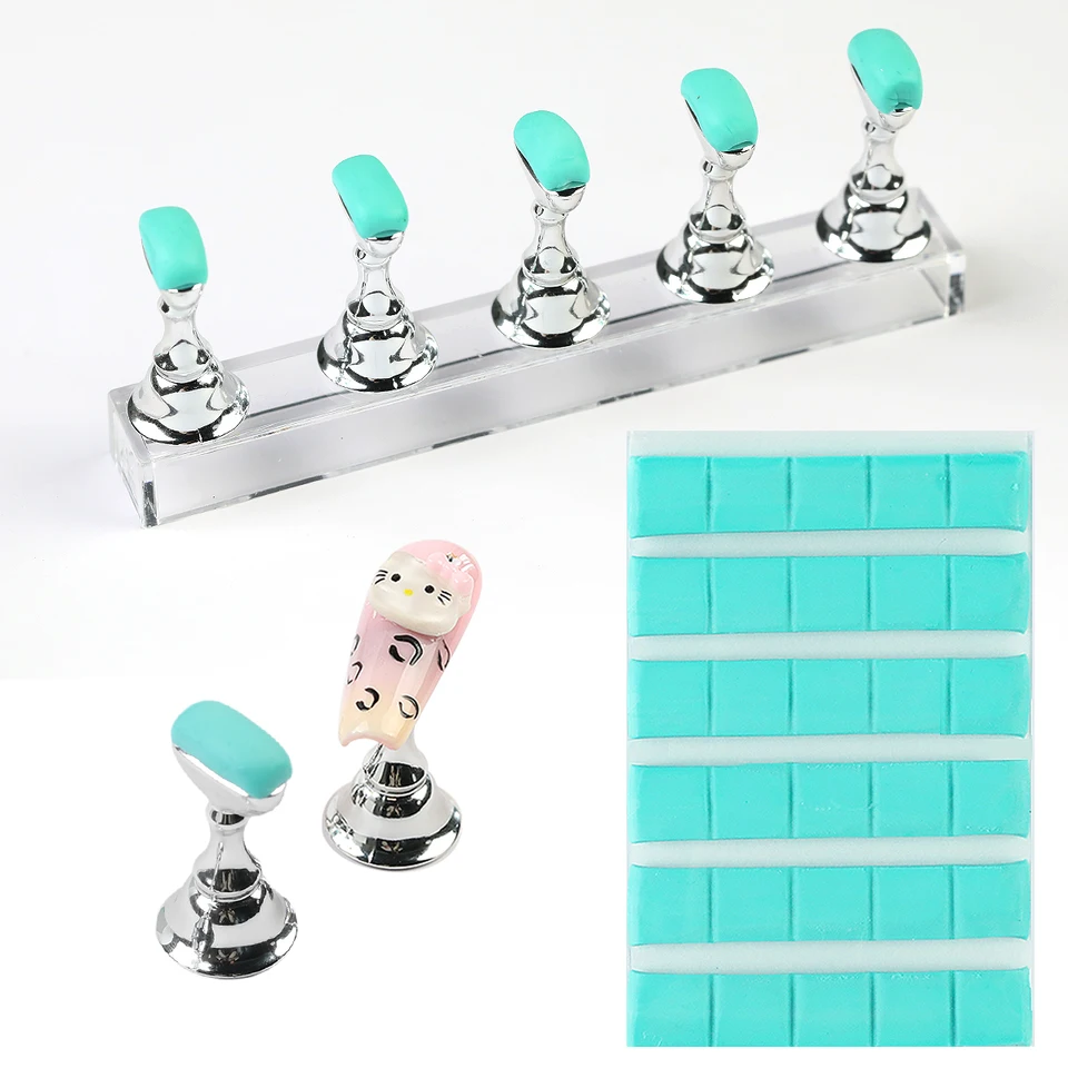 Nuevo set de 30 pzas de pegamento adhesivo para uñas, rosa y verde, reutilizable, para usar con soporte de práctica, herramientas de manicura 6