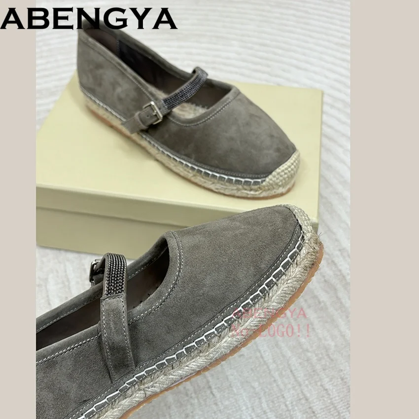 

ABENGYA Suede Leather Flat Shoes Women String Bead Buckle Loafers Woman Round Toe Daily Lightweight Platform Shoes For Women