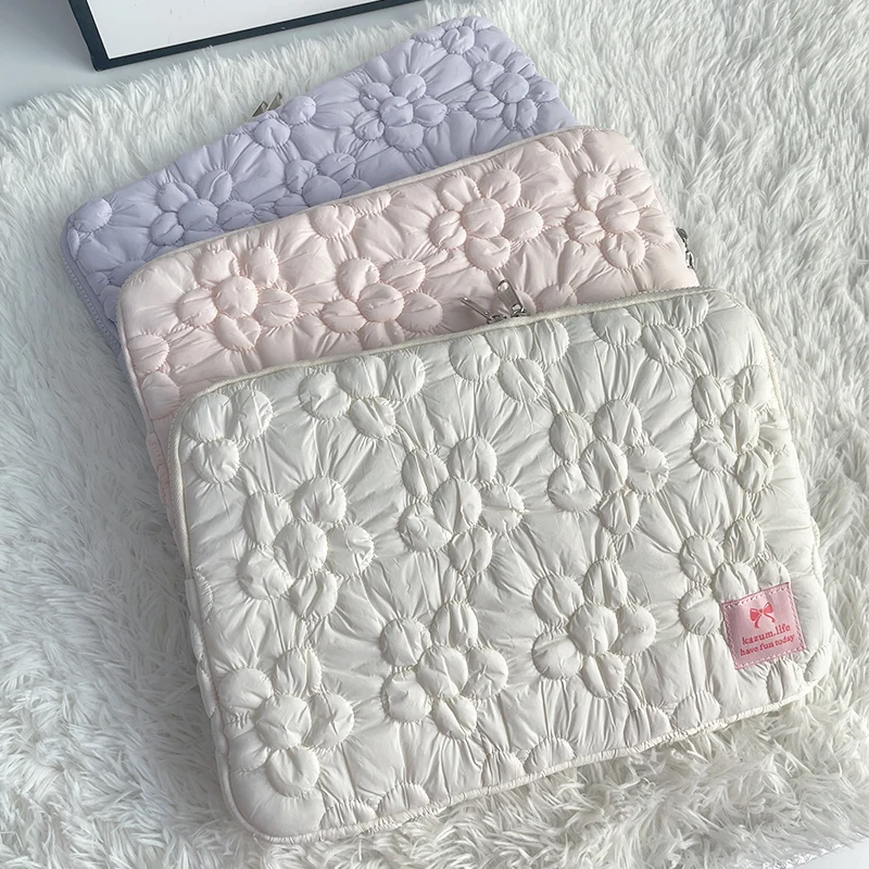 Cute Flowers Laptop Sleeve Fluffy Padded Bag For Macbook Samsung Dell Huawei 13.3 13.6 14 15 15.6 16 Ipad 9-11 Inch Tablet Pouch