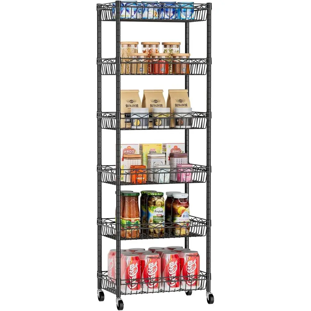 

6 Tier Basket Shelf Wire Shelving Unit Adjustable Storage Shelves Big Basket Rack for Garage Kitchen Office Pantry Corne