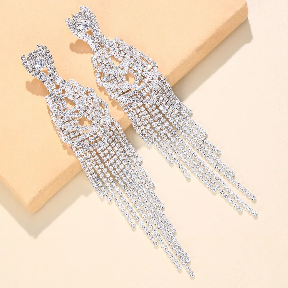 Temperament Rhinestone Heart Long Tassel Earrings Ladies Wedding Crystal Big Drop Dangle Earrings Banquet Jewelry Accessories