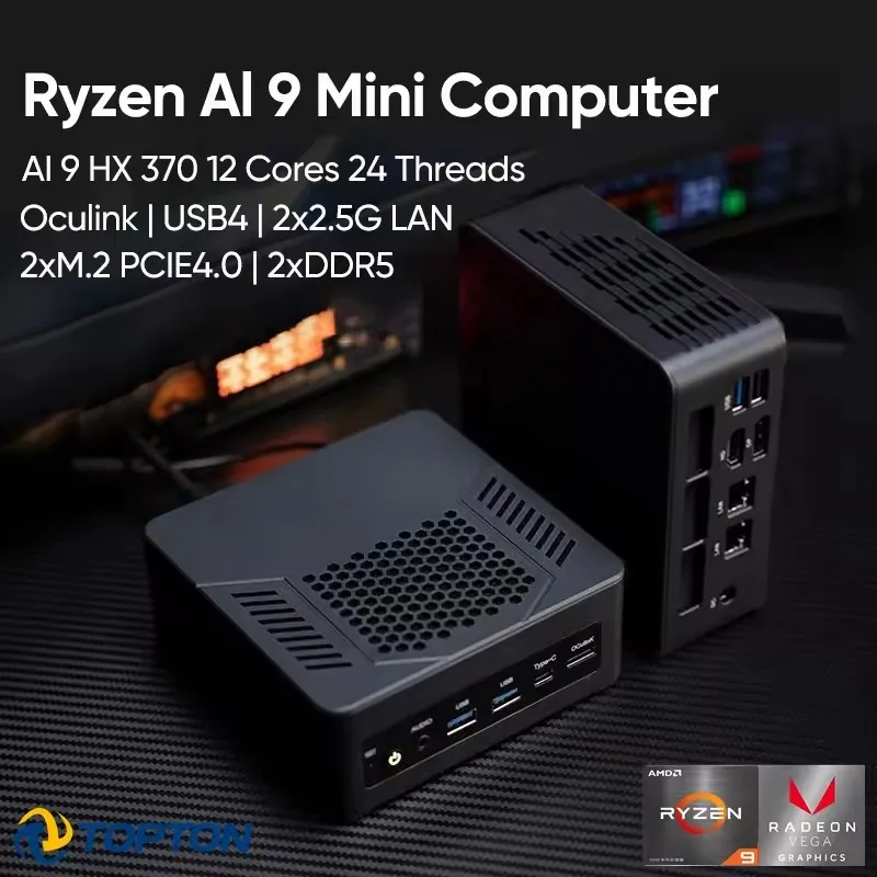 

Topton Mini PC Gamer Oculink AMD Ryzen AI 9 HX 370 365 7 PRO 360 USB4 2x2.5G LAN 2xPCIe4 Настольный игровой компьютер Windows11 WiFi6