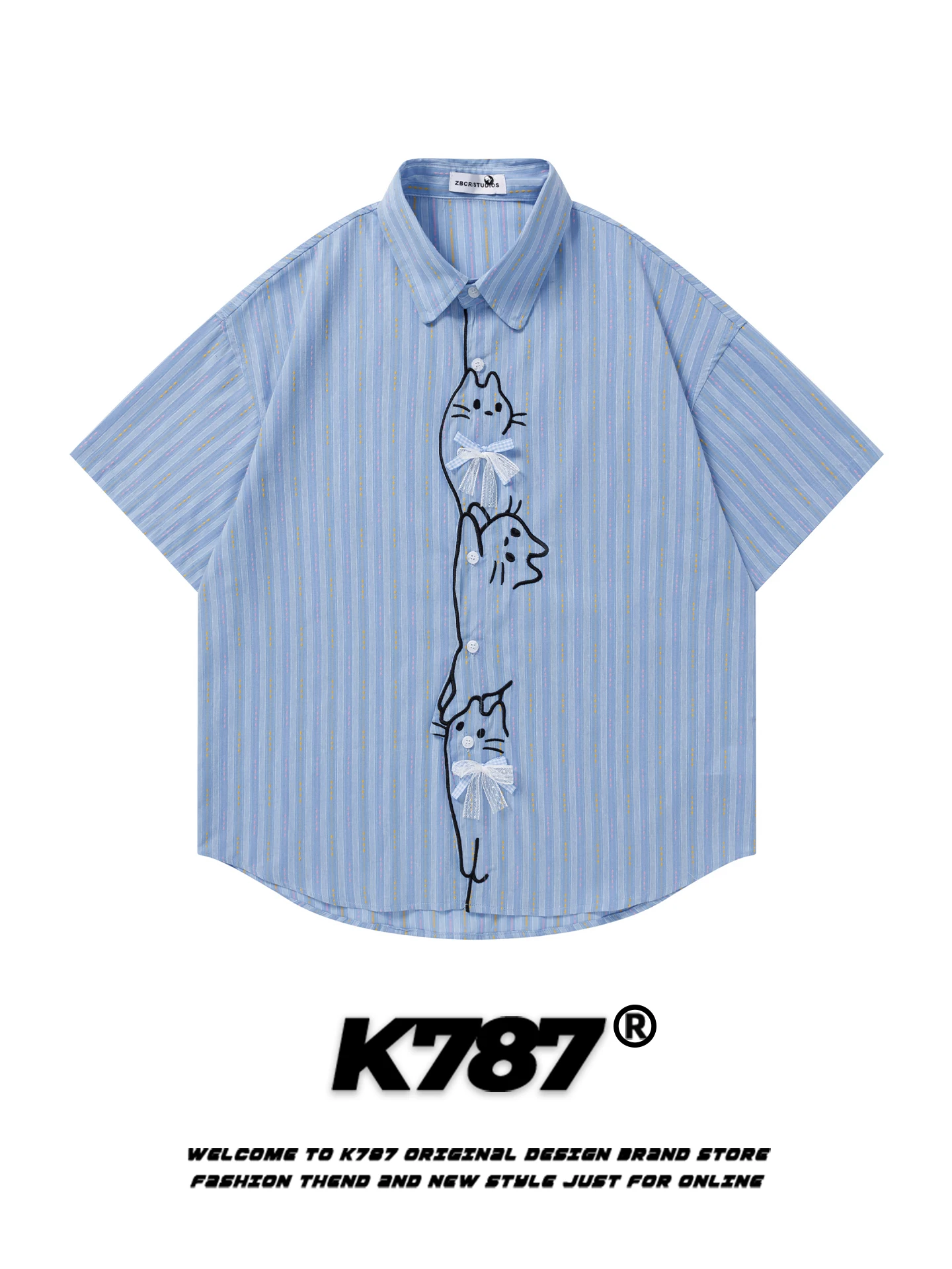 

K787 American Casual Striped Embroidery Collar Loose Leisure College Style Age Reduction Short Sleeve Women's Shirt