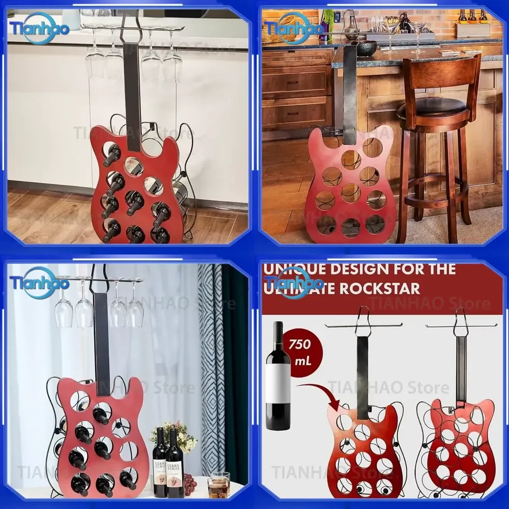 Vintage Holz- und Metall-Gitarrenförmiges Freistehendes Dekoratives Weinregal für 9 Flaschen Antik-Stil Metall-Flaschenhalter